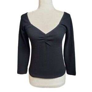 Maeve Anthropologie Blouse Women XS Black Textured Knit V Neck Long Sleeves Top